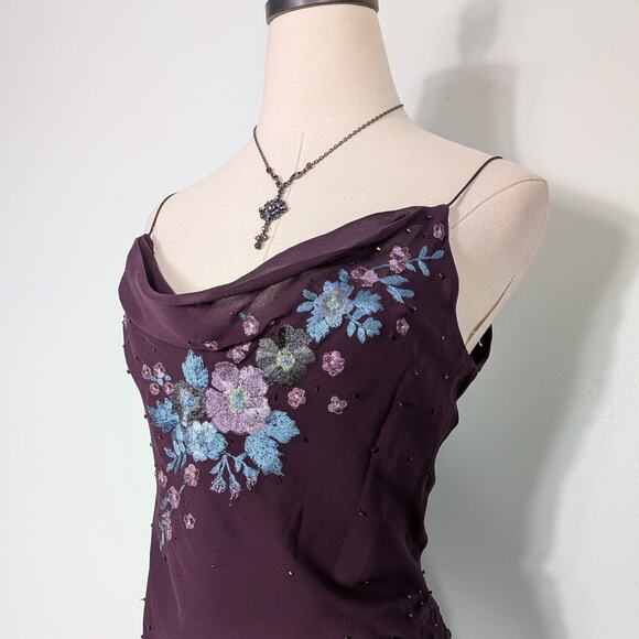 Vintage Papell Silk Midi Dress Cocktail Gown 6 Purple Y2K Fairy Floral Bead Slip - Picture 9 of 15